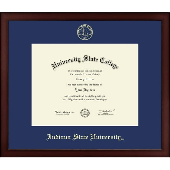Indiana State University 11" w x 8.5" h Diploma Frame - Fits a bachelor's and master's - Gold Embossed Diploma Frame - Cherry Moulding with Royal Blue Matting - Officially Licensed