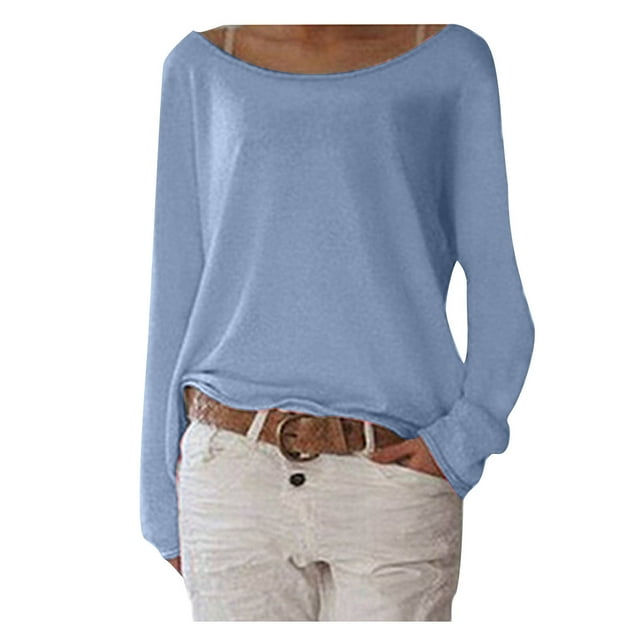 LSLJS T-Shirt à Manches Longues pour Femmes, Col Rond, Couleur Unie, Ample, Cadeaux pour Femmes
