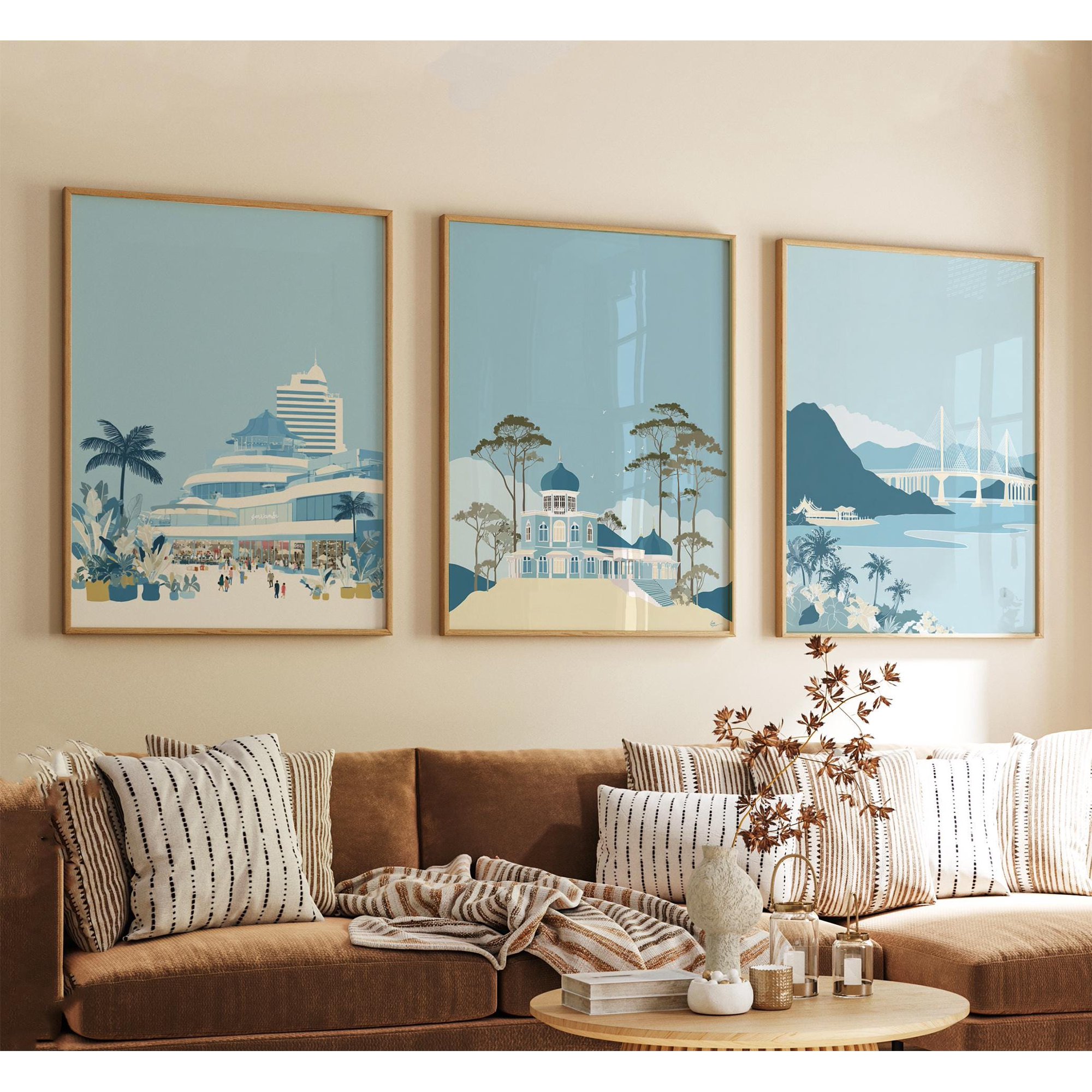 Penang Malaysia Poster Vintage Travel Illustration Wall Art Tropical City Prints Retro Style Set 3