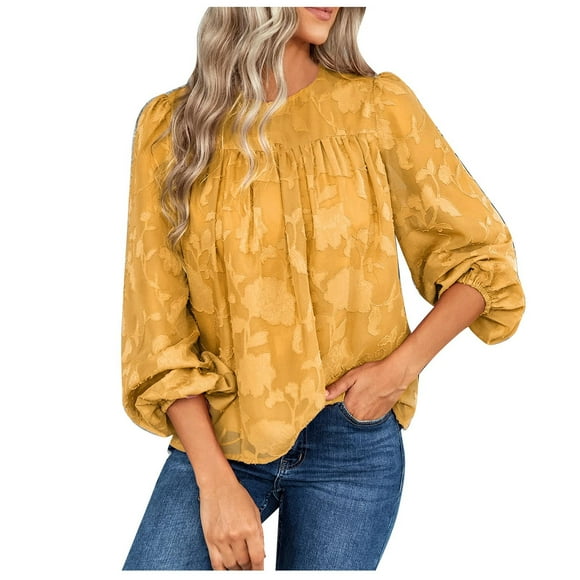 Floral Crochet Tops For Women Solid Color Loose Pleated Blouses Tunic Tops Long Sleeve Casual Round Neck Blouse Womens Summer Tops Vestidos Largos De Verano Para Mujer