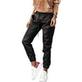 thumbnail image 2 of xiaxaixu Women Solid Color Trousers, Elastic Waist Leather Pants with Pockets, 2 of 9