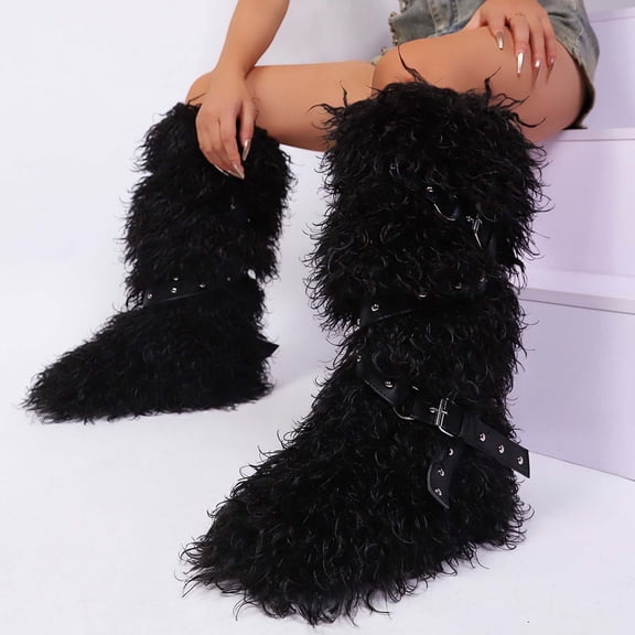 Black Female Winter Long Tube Boots With Soft Hairy Lining And Flat Heel For Cold Weather Comfort High Top Design Round Toe Lace Up Fastening Casual Wear