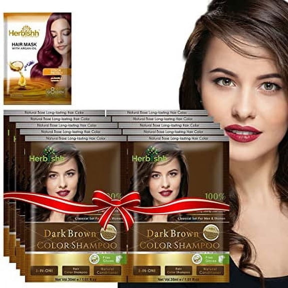 Herbishh Hair Color Shampoo for Grey Hair – Hair Dye Shampoo with Bio-Active Ingredients – Long Lasting Color – Travel-Friendly Pack (10 x 30ml Sachets)   1 Pack Hair Mask Sachets (Dark Brown)