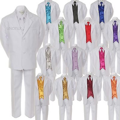 

7pcs Boys Formal Wedding White Suits Tuxedo Vest Necktie Sets Outfits All Sizes