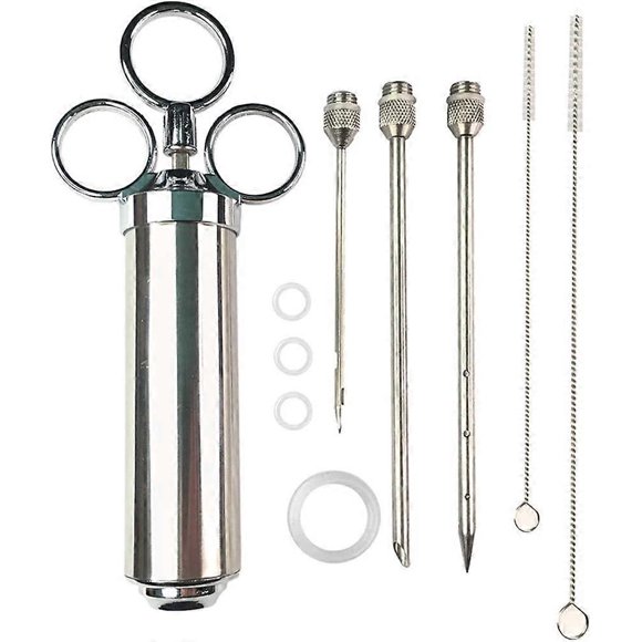 Flavor Syringe, 60ML Meat Syringe, Stainless Steel BBQ Spice Marinade Syringe- with Cleaning Brush and 3 BBQ Needles(Silver)