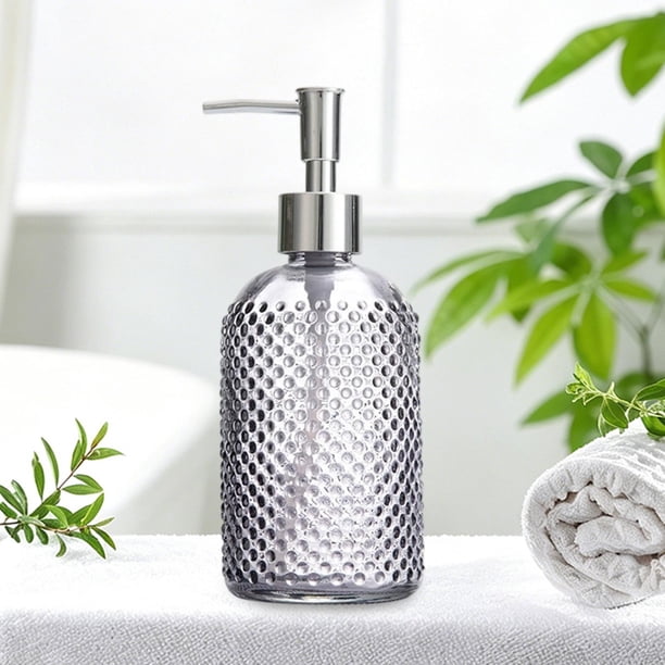 Botella de Loción de Vidrio con Dosificador – Dispensador de Jabón de Vidrio con Textura de Puntos En Relieve para Tocador de Cocina y Baño – Dosificador de Acero Inoxidable a Prueba de Fugas – Diseñ