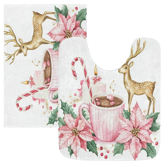 2 Piece Soft Bathroom Rug Set Pink Christmas-themed Bath Mat and U-Shaped Toilet Contour Rug (16"x24" 20"x24")