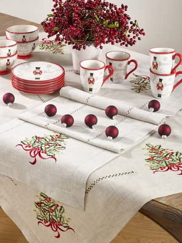 Fennco Styles Christmas Tree Design Embroidered Linen Blend Table Runner 16" W x 108" L - Natural Table Cover for Christmas, Home, Banquets, Special Events and Holiday Décor