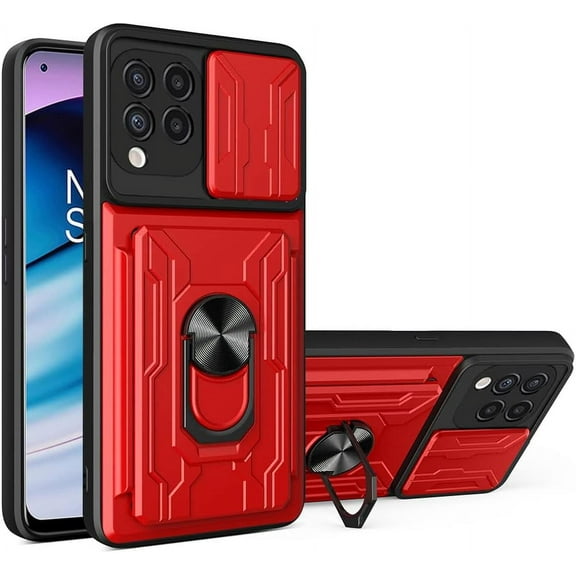 for Samsung Galaxy M53 Case with Card Holder, Heavy Duty Protection Phone Case with Magnetic Ring Kickstand Slide Camera Cover for Samsung Galaxy M53 Red