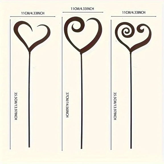 3pcs Rustic Iron Heart-Shaped Metal Flower Pot Decorative Stakes - Freestanding Outdoor Garden Decor for Balcony, Courtyard, Gra