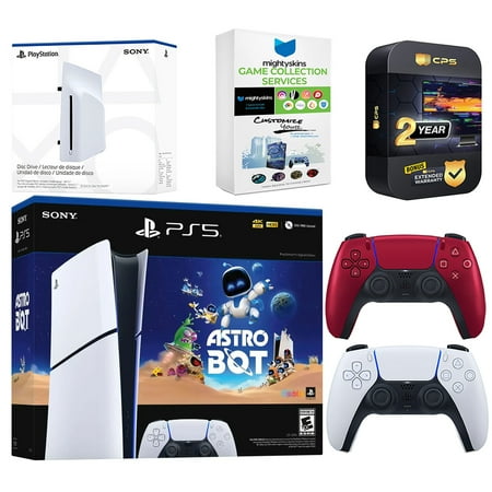 Sony PlayStation 5 Astro Bot Slim Digital Bundle with Disc Drive, Extra Controller, MightySkins Game Collection Services and 2 Year Extended Warranty - Volcanic Red