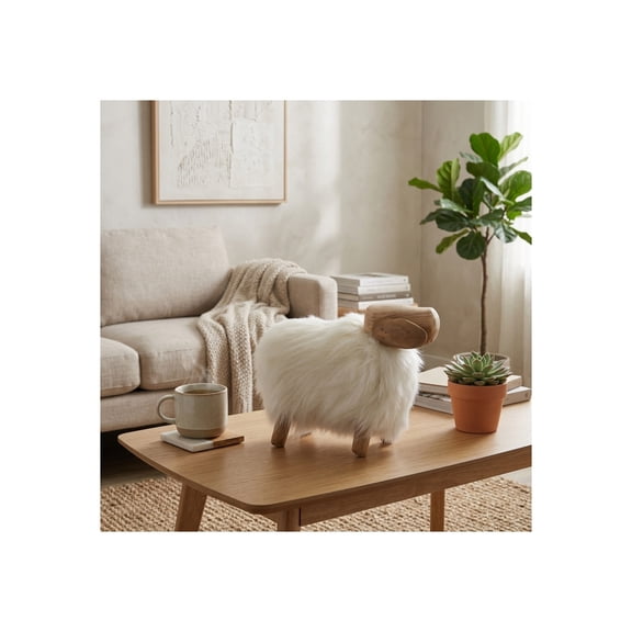 Sheep Figurine for Home Decor - Wooden Sculpture for Living Room, Office Shelf, and Coffee Table Decor - Ornament with Faux Fur Accents for Console, and Coffee Side Table Display - 9", Ivory & Tan