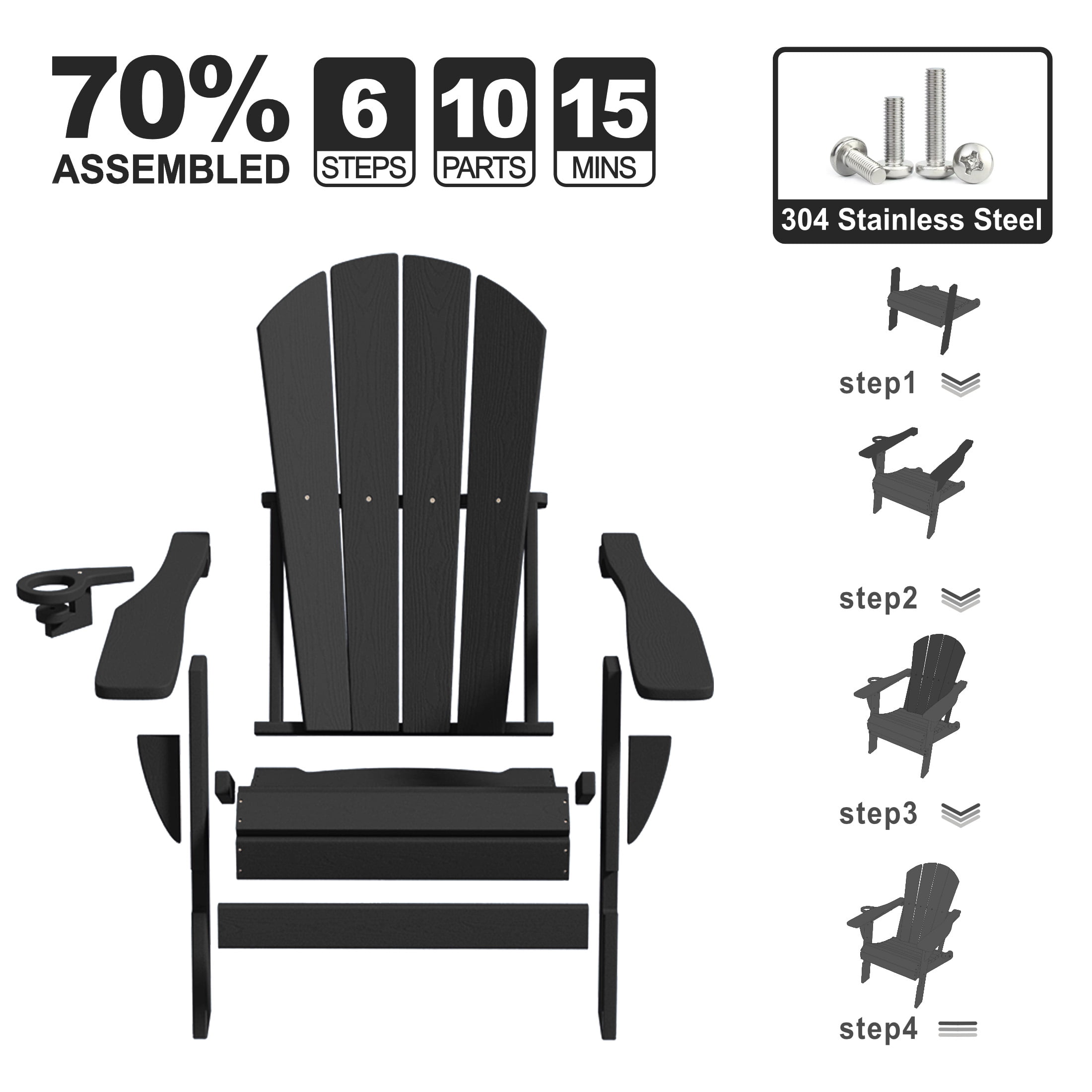 AreShark Adirondack Chair,HDPE All-Weather Patio Chairs Outdoor with Cup Holder, Lawn Chair with Weather Resistant for Outside Deck Lawn Garden, Weight Capacity Up to 380 Lbs –Black
