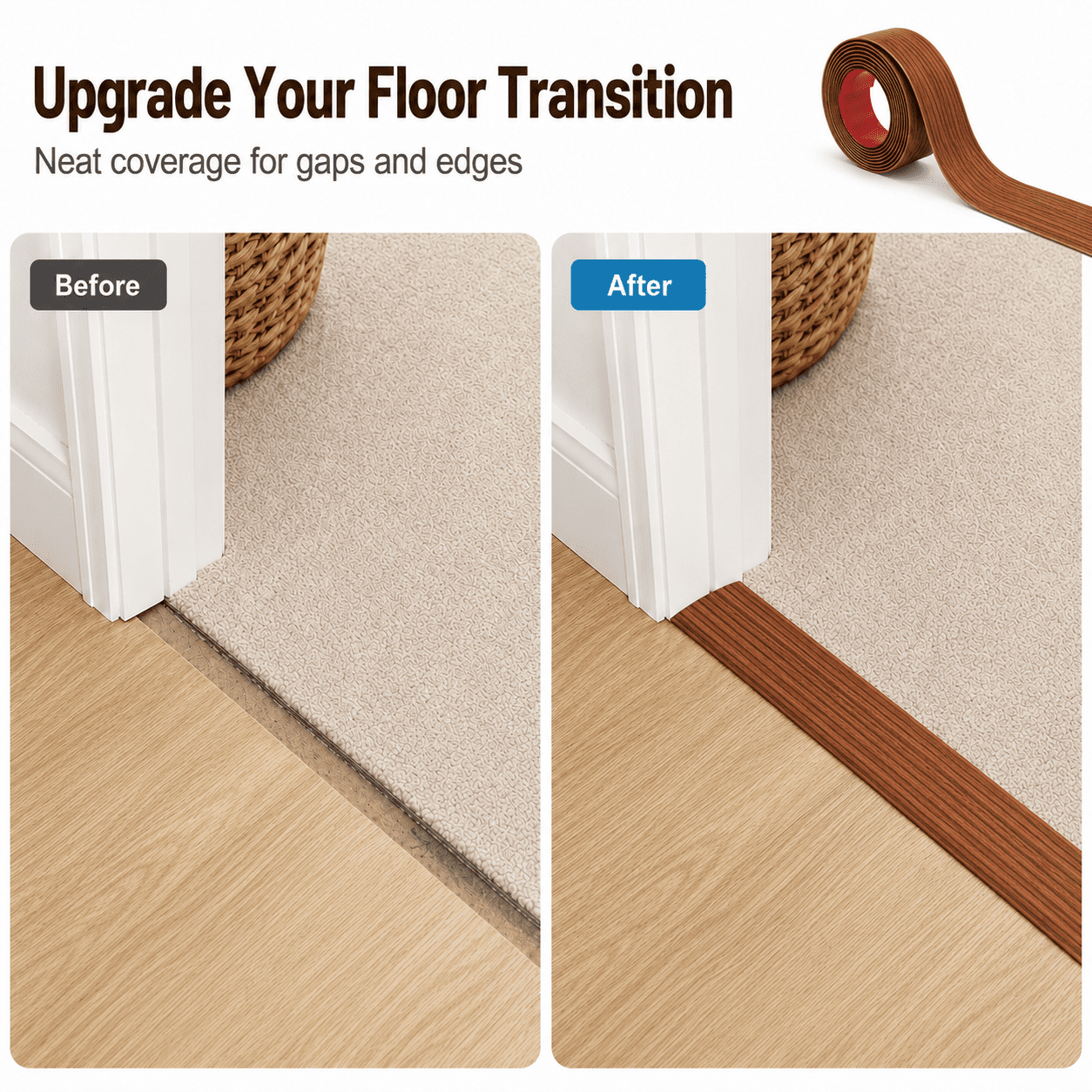 Yeslife 1 pc Self Adhesive Floor Transition Strip, 10 ft x 1.57 in, Cherry Vinyl, Flexible Waterproof Gap Cover for Laminate, Tile and Carpet Flooring