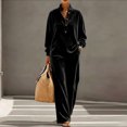 thumbnail image 2 of Szluipve Women Velvet 2 Piece Outfits Stand Collar Henley Button Long Sleeve Top & Elastic Waist Wide Leg Pants Casual Loungewear Matching Set Black S, 2 of 6