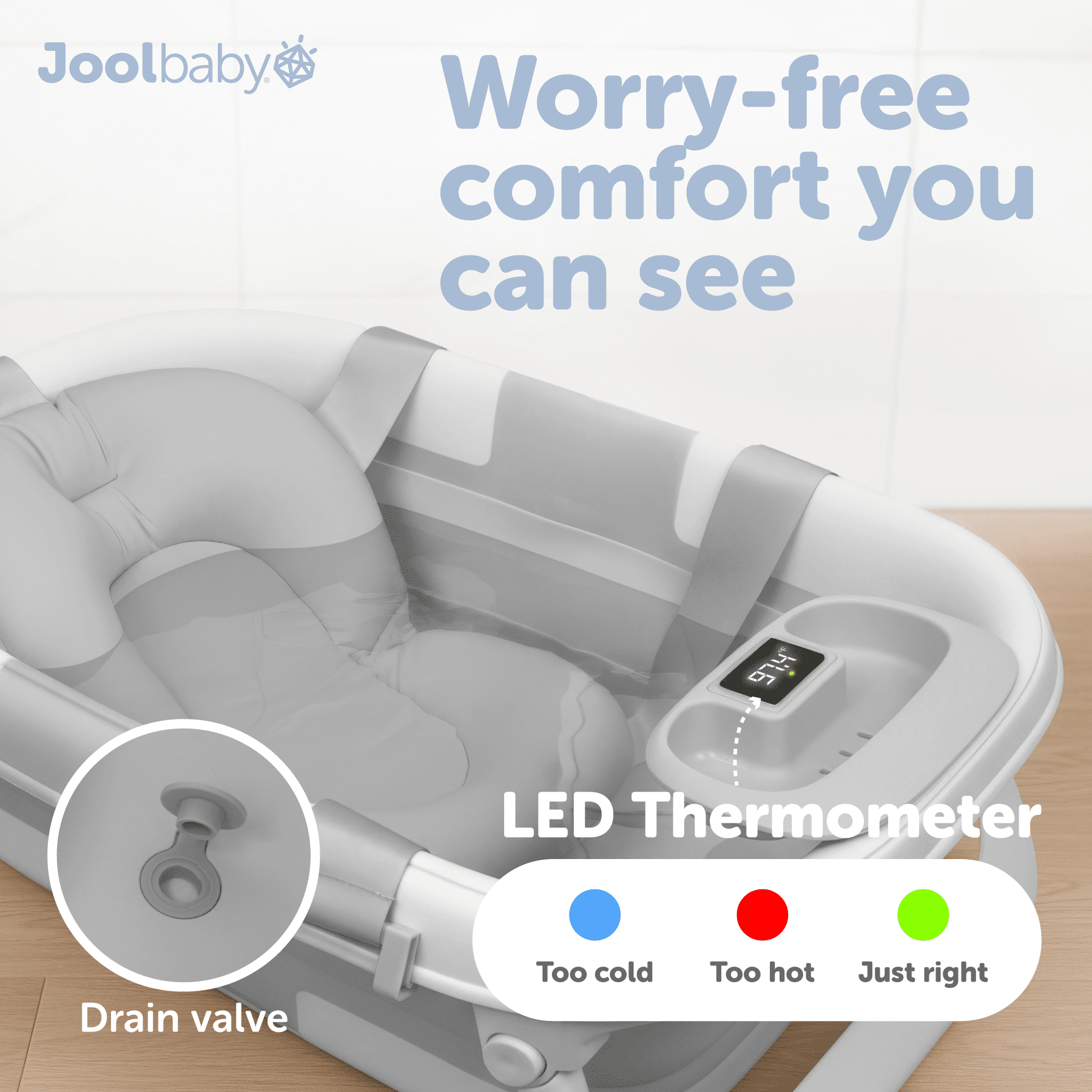 Jool Baby Fold ‘n Store Baby Bathtub – 3 Stage Collapsible Bather for Easy Storage, Portable for Travel – Built-in Thermometer (Gray)