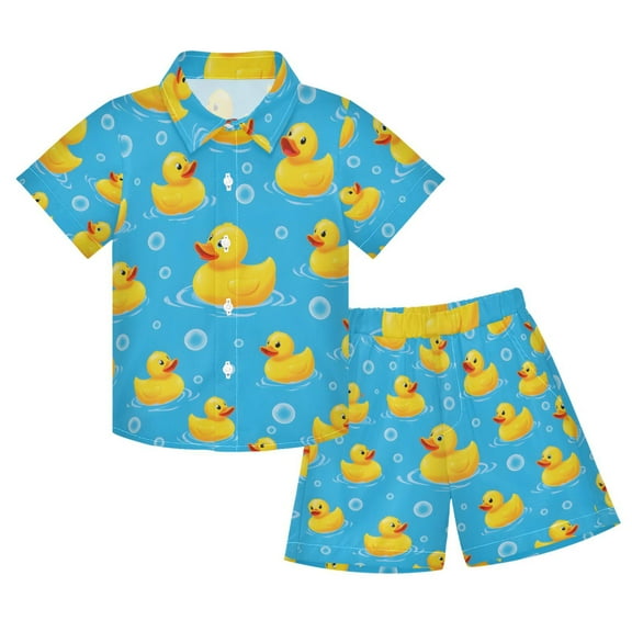 joogoo Boy Shorts Set Cute Ducks Bubbles 2 Piece Short Sleeve Button Down Hawaiian Shirt Shorts 5-6T