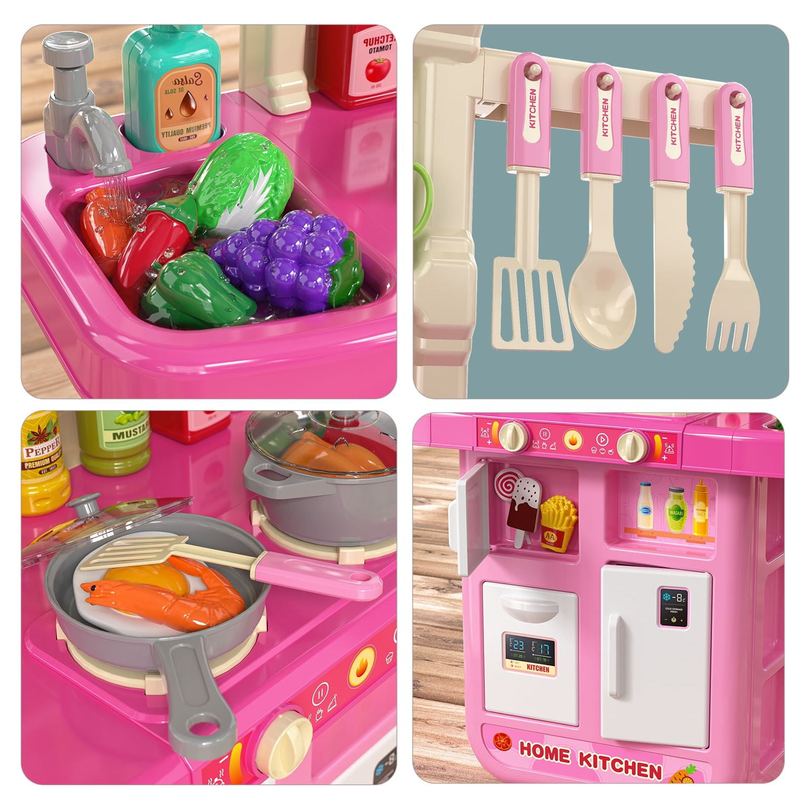 TEMI 56 PCS Kitchen Set for Kids Girls Pink Play Accessories 5-in-1 Mini  Kitchen with Lights & Sounds, Perfect for 11-12 Dolls