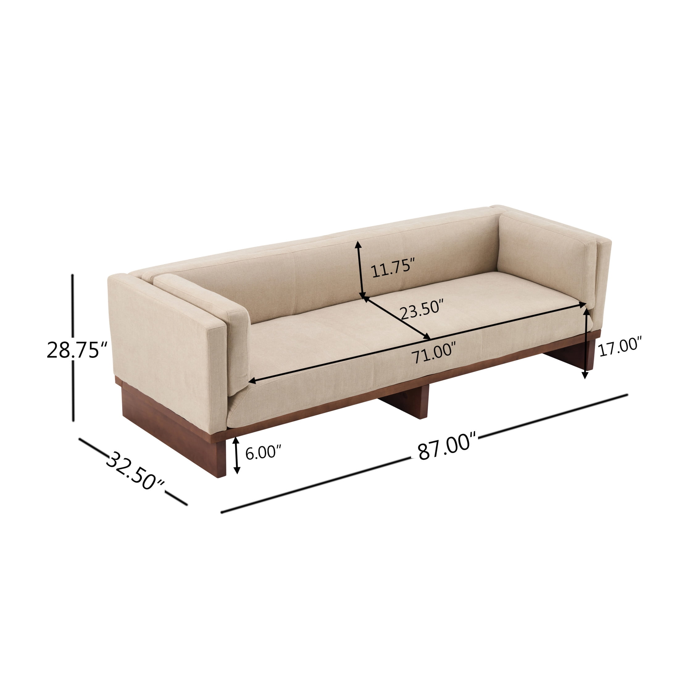 Christopher Knight Home 87" Modern 3-Seater Sofa with Square Arms, Solid Wood Frame, Almond