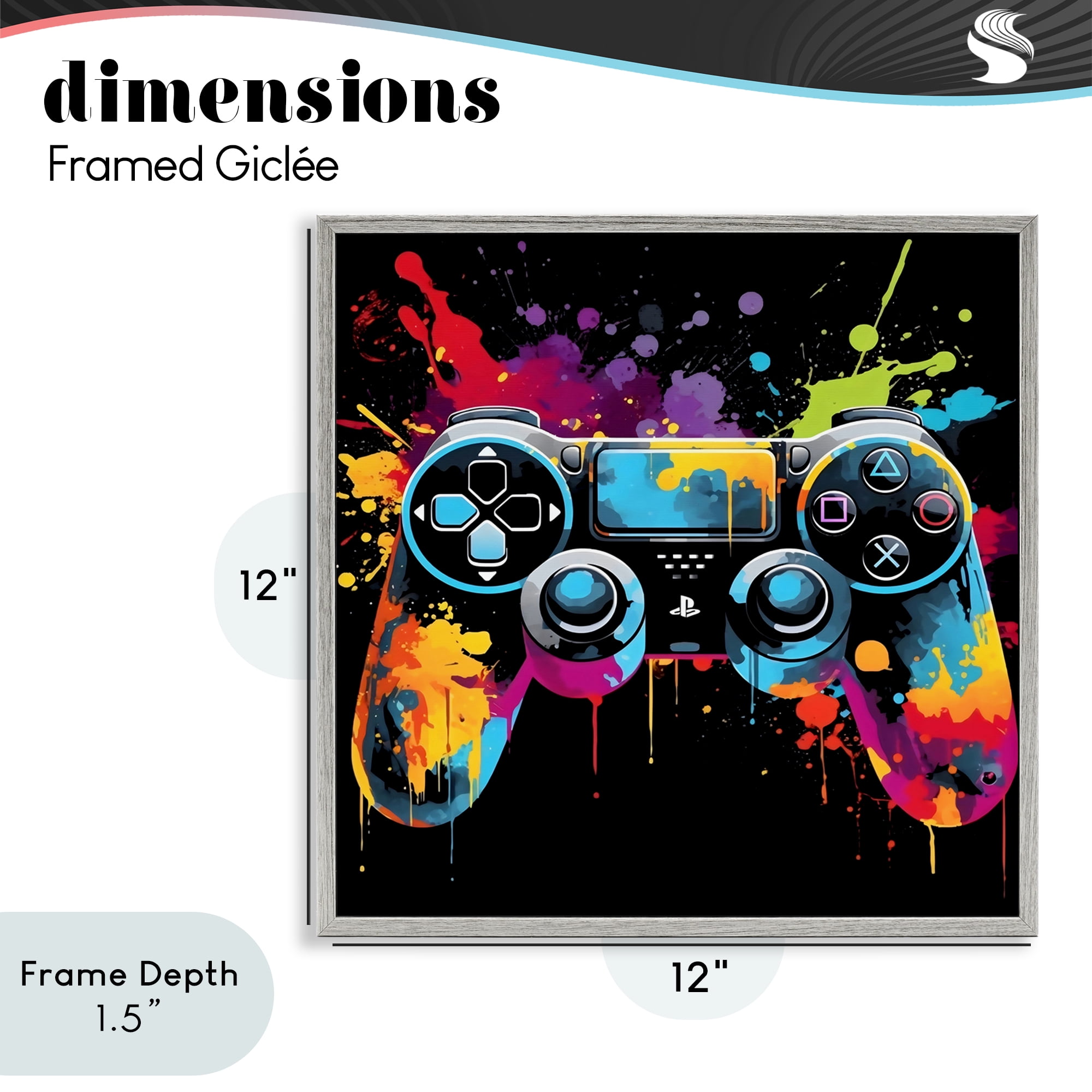 Stupell Industries Paint Splash Game Controller Gray Framed Giclee Art, design by Creative Studio