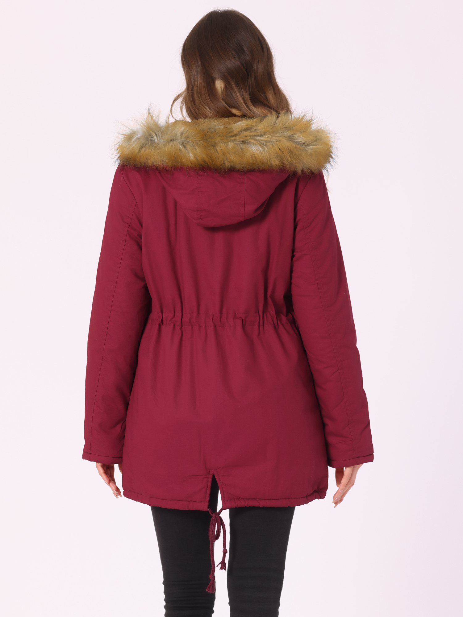 Unique Bargains Women Windproof Winter Parka Puffer Coat with Faux Fur Hood M Dark Red