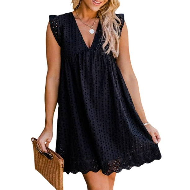 Sunloudy vestido informal para mujer verano cuello en V manga volante encaje Jacquard Color solido vestidos sueltos con pantalones cortos forrados Sunloudy XS S M L XL XXL XXXL Walmart en linea