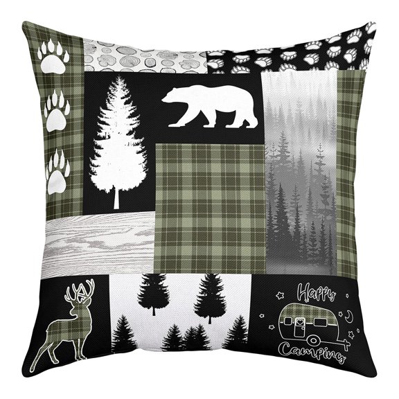 Rustic Farmhouse Bear Deer Decorative Pillow Cover,Buffalo Grid Checkered Throw Pillow Cover,Woodland Wild Animals Pillow Cover,Cartoon Travel Car Cushion Cover for Rv Camper,18x18 Inch