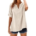 thumbnail image 2 of Women's Plus Size Cotton Linen Shirt, 3/4 Sleeve Button Down Blouse, Loose Fit Breathable Casual Top for Work, Daily Wear and Versatile Outfits Beige XL, 2 of 9
