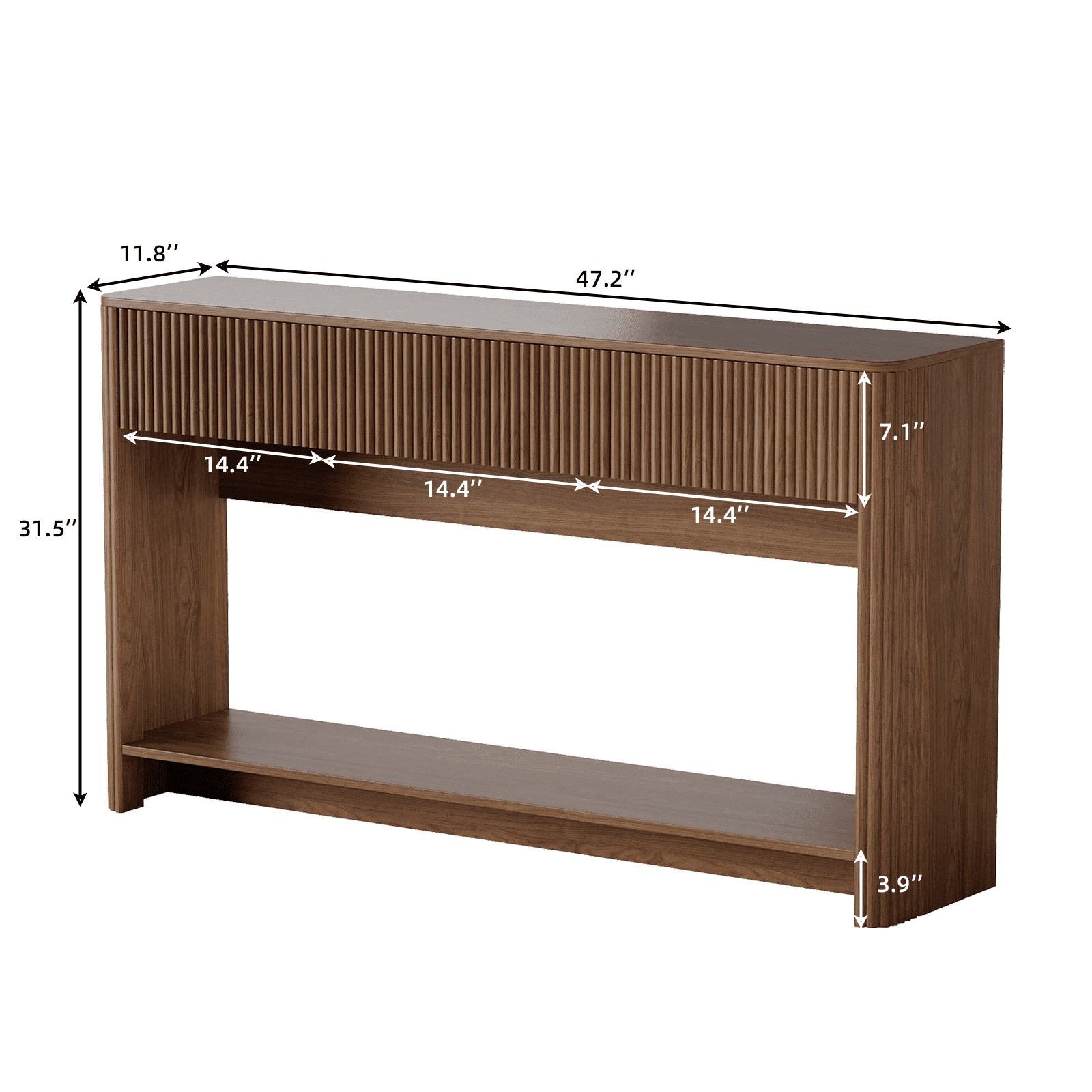 UGTOO Walnut Hollow Console Table – 3-Drawer Entryway Desk with Kick-Toe Design, 200 lb Capacity (47.2"L x 11.8"W)