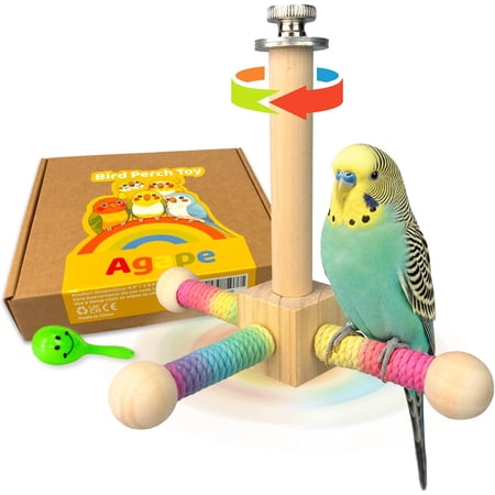 360° Rotating Bird Perch Stand, Wooden Parrot Exercise Toy | Bird Cage Accessory for Small-Medium Birds: Parakeets, Cockatiels, Lovebirds, Conures, Finches, Budgies, Parrotlets, Quakers