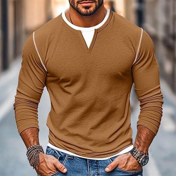 pstuiky camisetas de hombre Camiseta de hombre falsa de dos piezas de doble capa de moda empalmada de manga larga camisa base de hombre de manga larga con cuello en V Top/camiseta de hombre