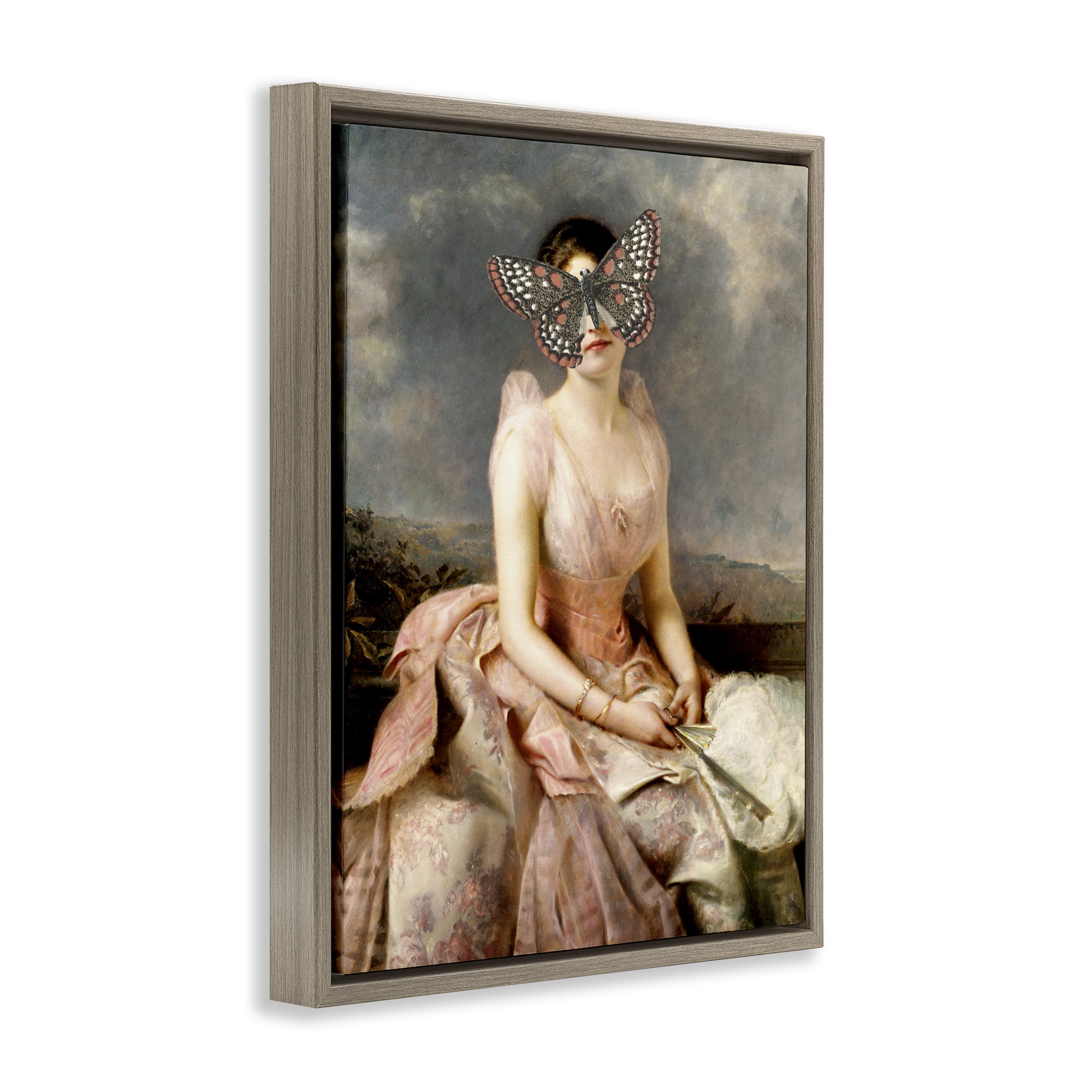 Stupell Industries Vintage Butterfly View People Painting Brown Floater Framed Canvas Art Print Wall Art, 17 x 21