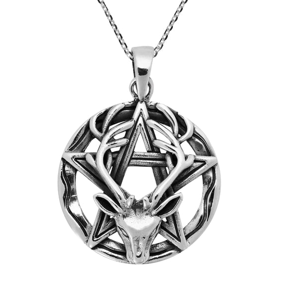 AeraVida Edgy Nature and Magic Inspired Stag Deer Skull Antlers and Pentacle Sterling Silver Pendant Chain Necklace Unique Goth Inspired Unisex Jewelry Gifts