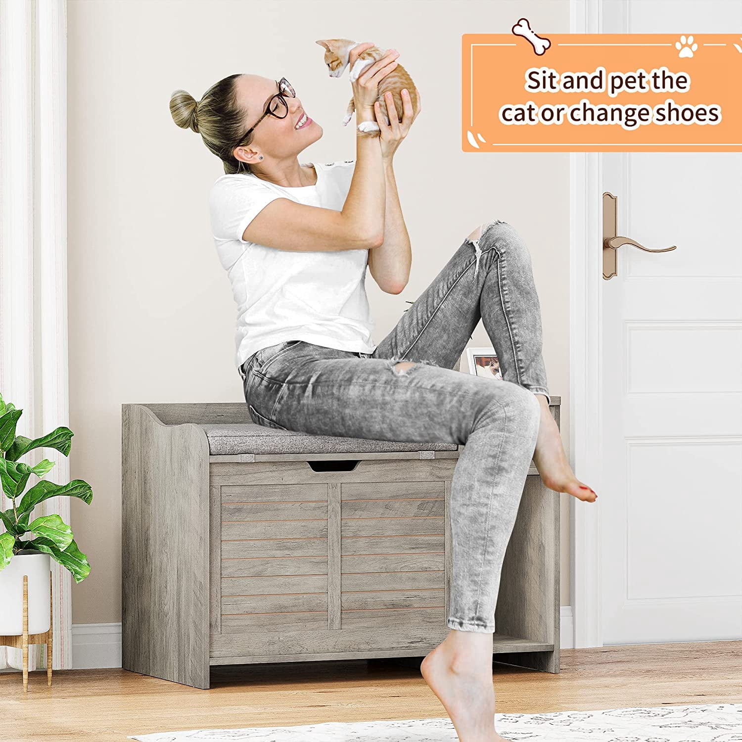 GAOMON Cat Litter Box Enclosure Furniture with Top Opening, Cushion & Storage, Hidden Litter Box Cabinet for Privacy, Modern Cat House, Grey