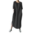 thumbnail image 1 of Gibobby Vestido largo para mujer, de verano Moda mujer color sólido algodón y lino manga larga cuello redondo pliegue vestido casual(Negro,G), 1 of 5