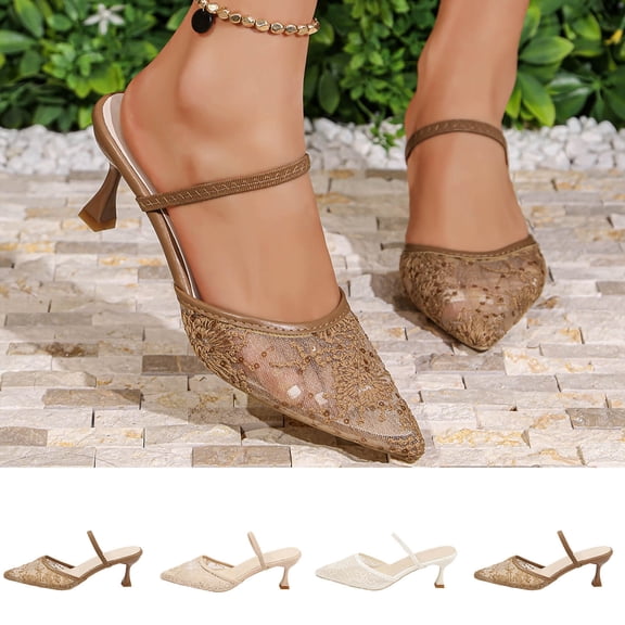 Miluxas Embroidered Mesh Slingback Heels for Women Kitten Heel Pumps Pointed Toe Backless Wedding Shoes White 9(42)