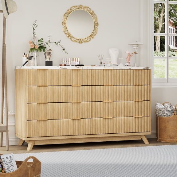 Fluted 8 Drawers Dresser for Bedroom, 54" Wide Modern Chest of Drawers, Curved Profile Design, Wood Storage Cabinet Organizer for Bedroom, Living Room, Hallway