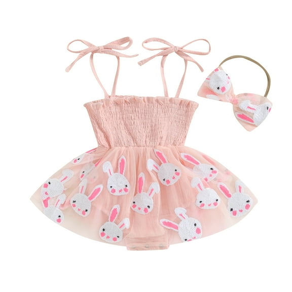 Bagilaanoe Newborn Easter Outfits Baby Girl Rompers Dress Print Sleeveless Bodysuits   Headband 3M 6M 12M 18M 24M Infant Tulle Patchwork A-line Dresses