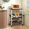 thumbnail image 2 of Eleanor Grace Kitchen Bakers Rack 3-Tier Microwave Cart on Wheels, Industrial Utility Bar Cart with 10 Hooks Metal Frame Wood Storage Shelves, Rolling Microwave Stand (Dark Brown & White), 2 of 9