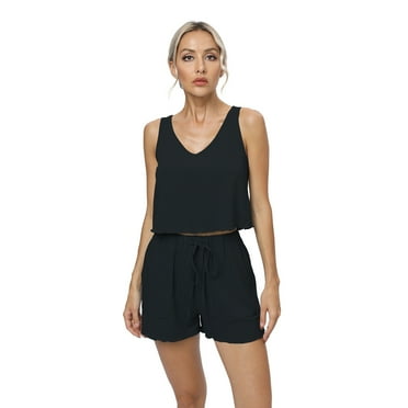 Summer Women's Lounge Set Top and Shorts Sleepwear Pajama Set Sleepwear Lounge Sets with Pocket, Black