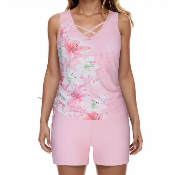 Feimerou Womens Tankini Swimsuits with Boyshorts Two Piece Tummy Control Bathing Suits Vintage Printed Blouson Modest Swimwear Clearance On Sale