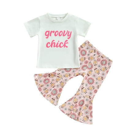 

Toddler Girls Easter Flare Pants Set Letter Print Short Sleeve T-Shirts + Flowers Chick Print Bell Bottom Pants