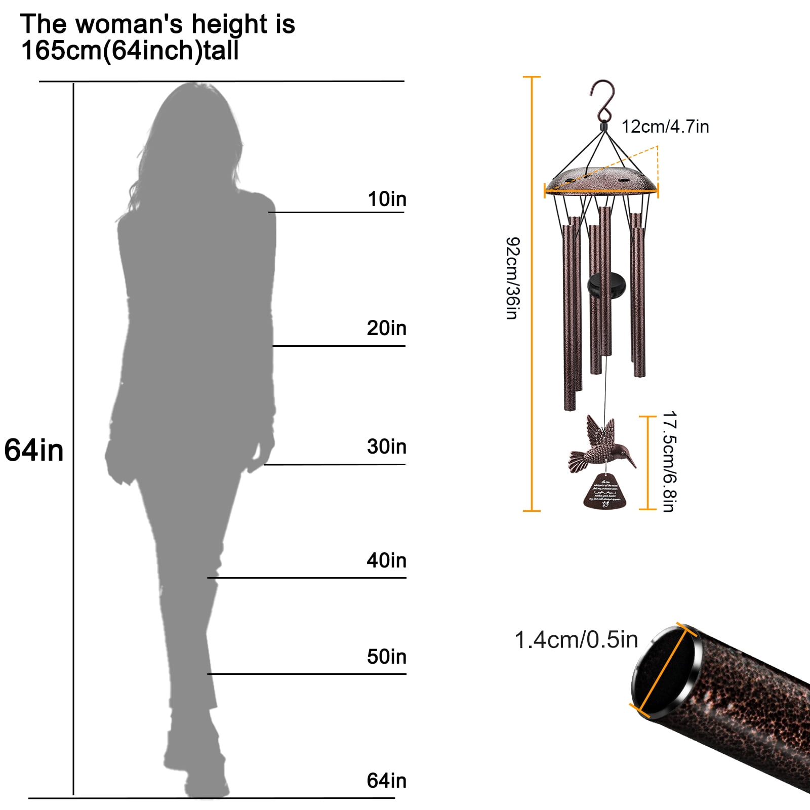 EEEkit 36'' Waterproof Hummingbird Wind Chimes, 6 Tubes Outdoor Memorial Bell with S Hook for Garden