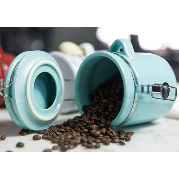 4-Piece Ceramic Canister Set with Airtight Latch, Wooden Spoons, Turquoise Kitchen Storage