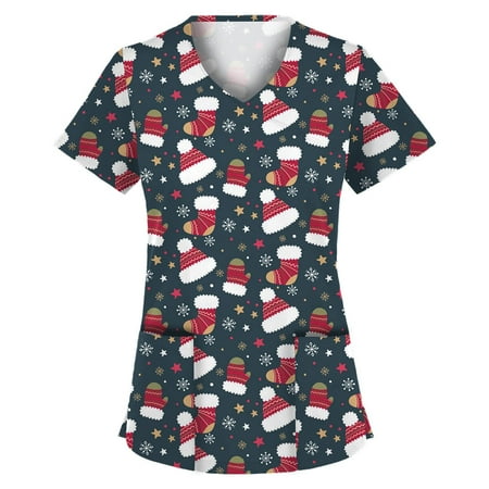 

Meichang Women s Christmas Nursing Scrubs Tops Short Sleeve V Neck Working Uniform Holiday Print Tunic Scrubs Workwear with Pockets