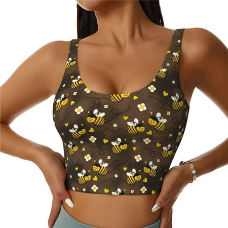 Jgfou Flying Furry Honey Bees Print Womens Sports Bra - Padded Workout Sports Bras Crop Tank Top