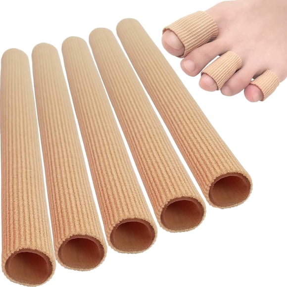 Toe Tubes Sleeves Protectors Cushions Fabric & Gel Lining Finger Toe Separator Tubing for Bunion, Hammer Toe, Callus, Corn, Blister (5Pack, Size Medium)