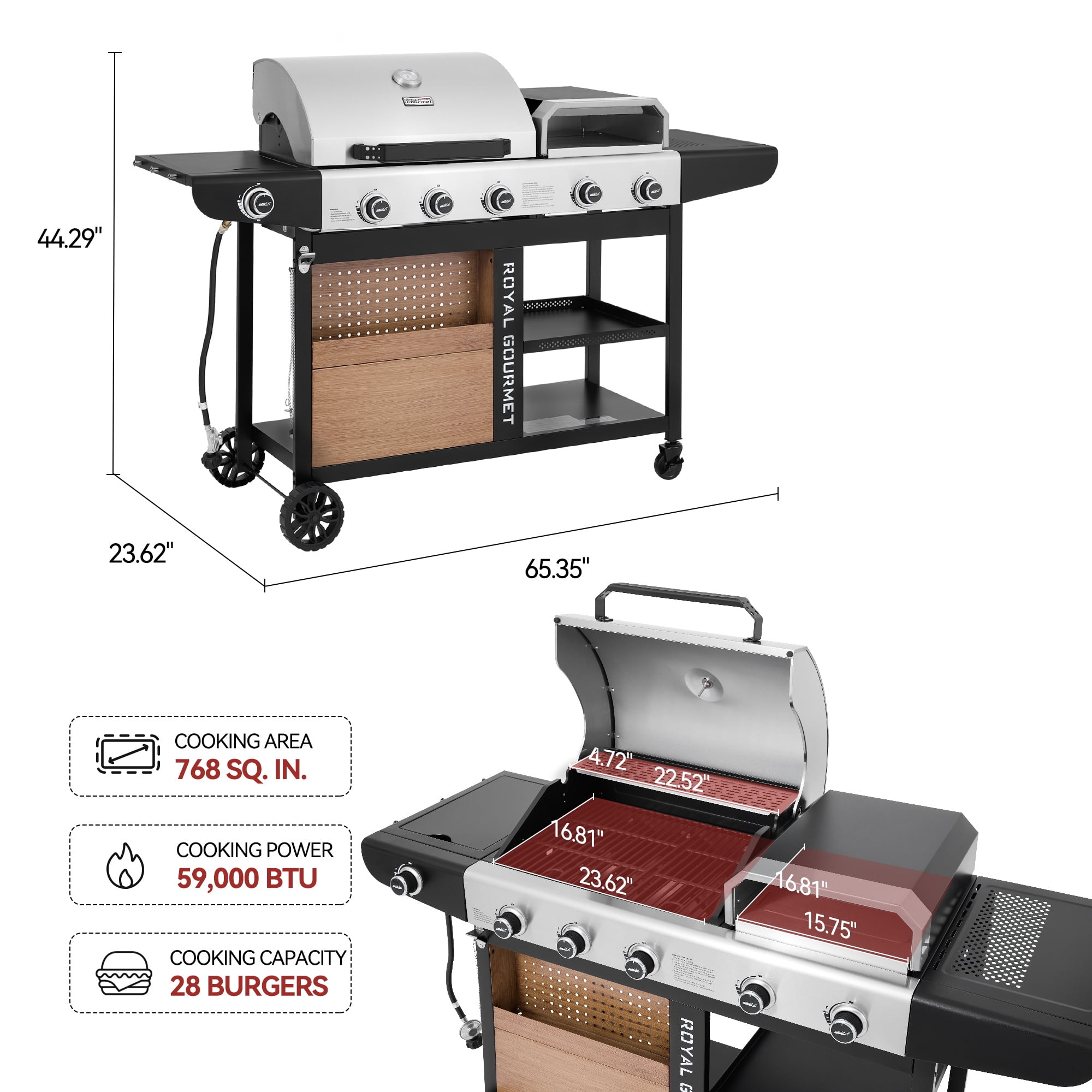 Royal Gourmet ZH3004S Premium Gas Grill and Pizza Oven Combo,with Side Burner,Ideal for Outdoor Grilling and Backyard Cooking, Silver & Black