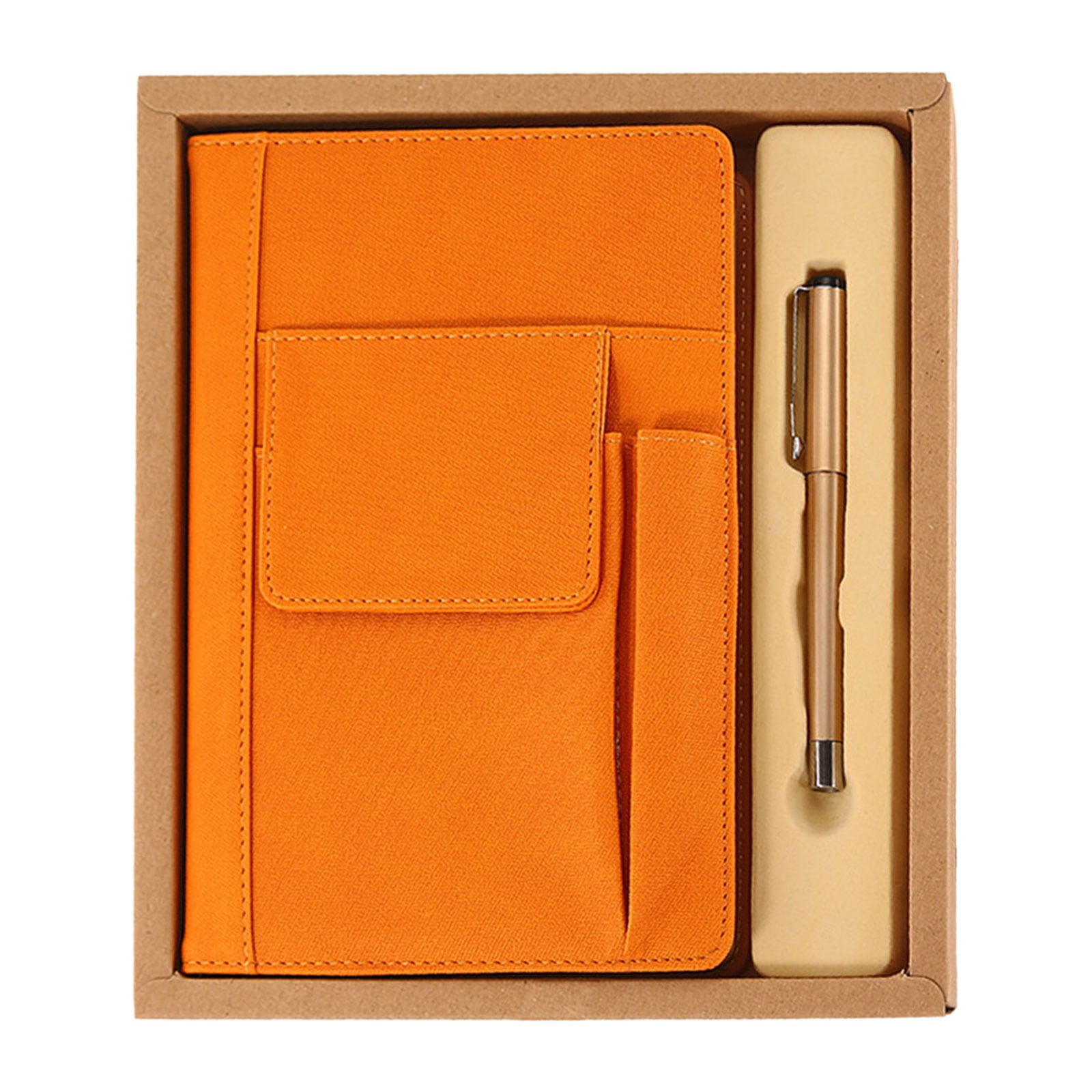 Leather Notebook Set - Thick Classic Ruled Notebook with Pen Loop and Pen, A5, Soft Faux Leather Hardcover Cover with Buckle(Orange) 5.71x8.46"