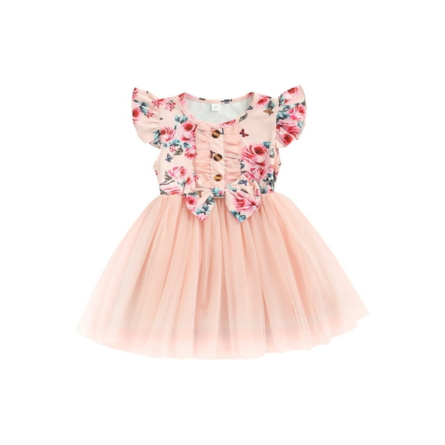 Xingqing Robe Tunique à Manches à Volants Tutu Floral pour Filles Bébé Robe Décontractée de Fête Princesse